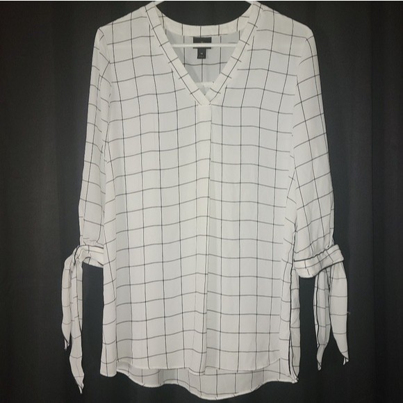 Worthington 3/4 Sleeve w Ties Medium V-Neck White Simple Stripe Polyester Sheer - Picture 1 of 13